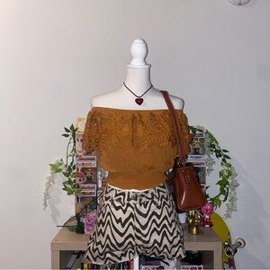 Iris 2000s whimsical bohemian fairycore lace floral off the shoulder crop top